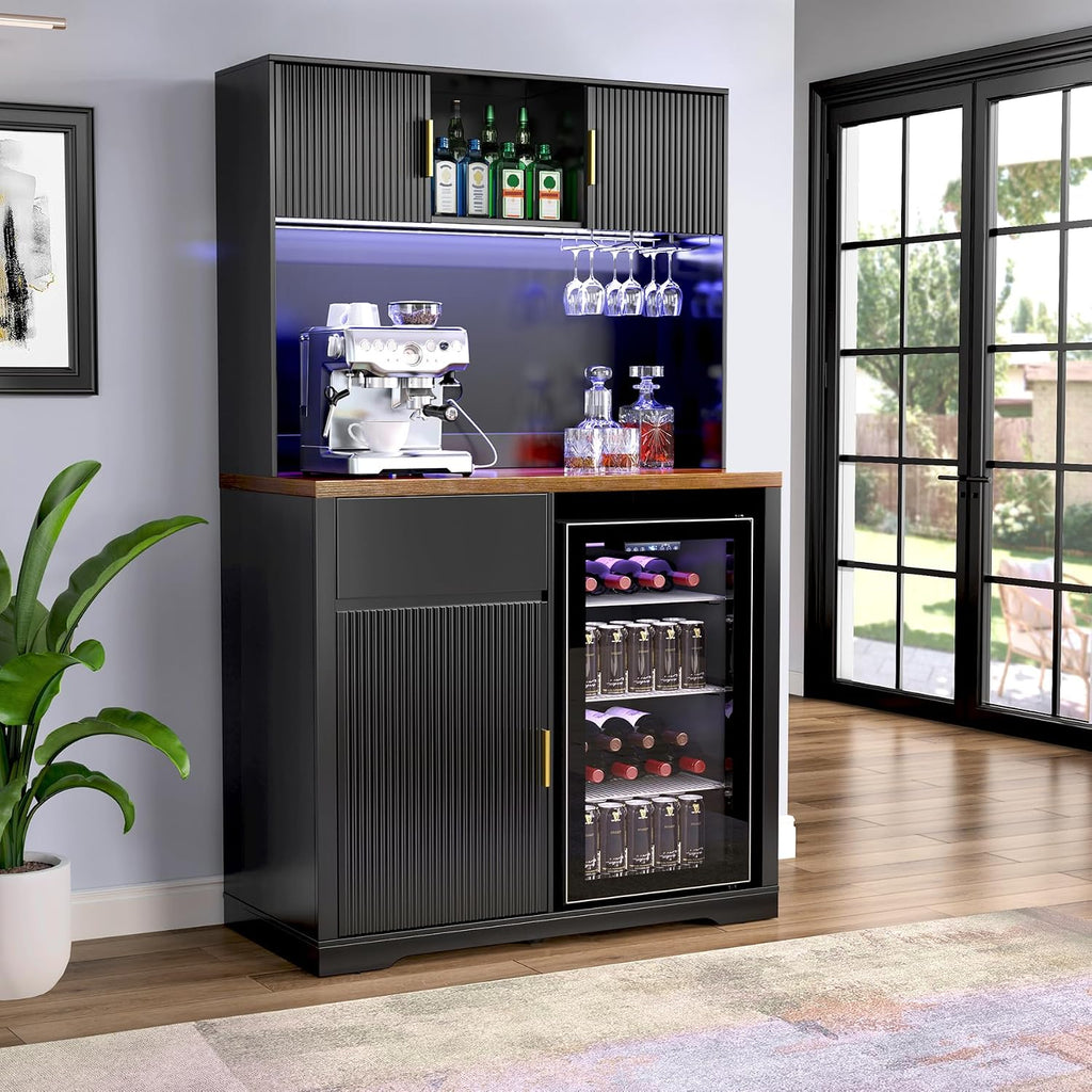 GDLF 72" Tall Coffee Bar Cabinet with Fridge Space, Fluted Liquor Home Bar