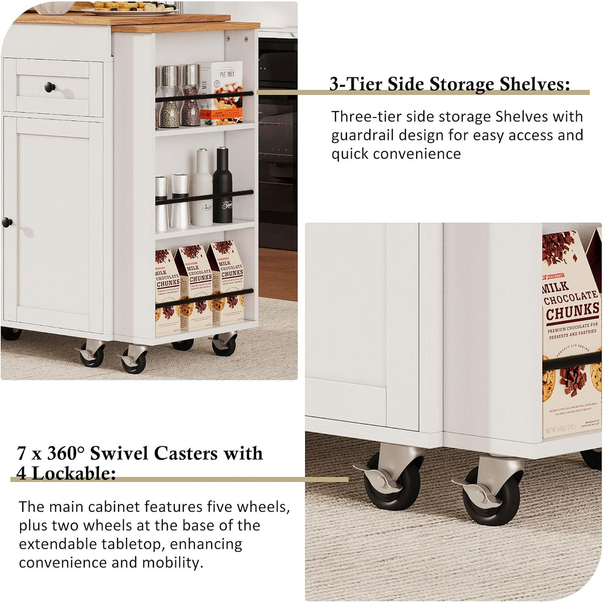 Merax 85.5" Kitchen Island with Extendable Dining Table & Universal Wheels, Storage with 3 Drawers & Open Shelves & Power Outlet, Mobile Cart for Dining Room, Small Space, Apartment, White