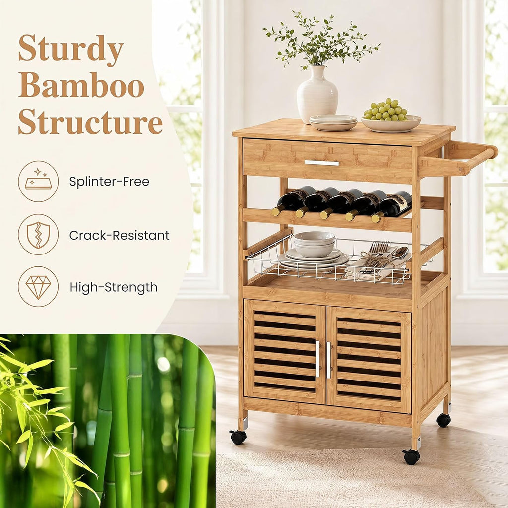 GIANTEX 27" Bamboo Kitchen Island Cart with Storage, Drawer, Wine Rack