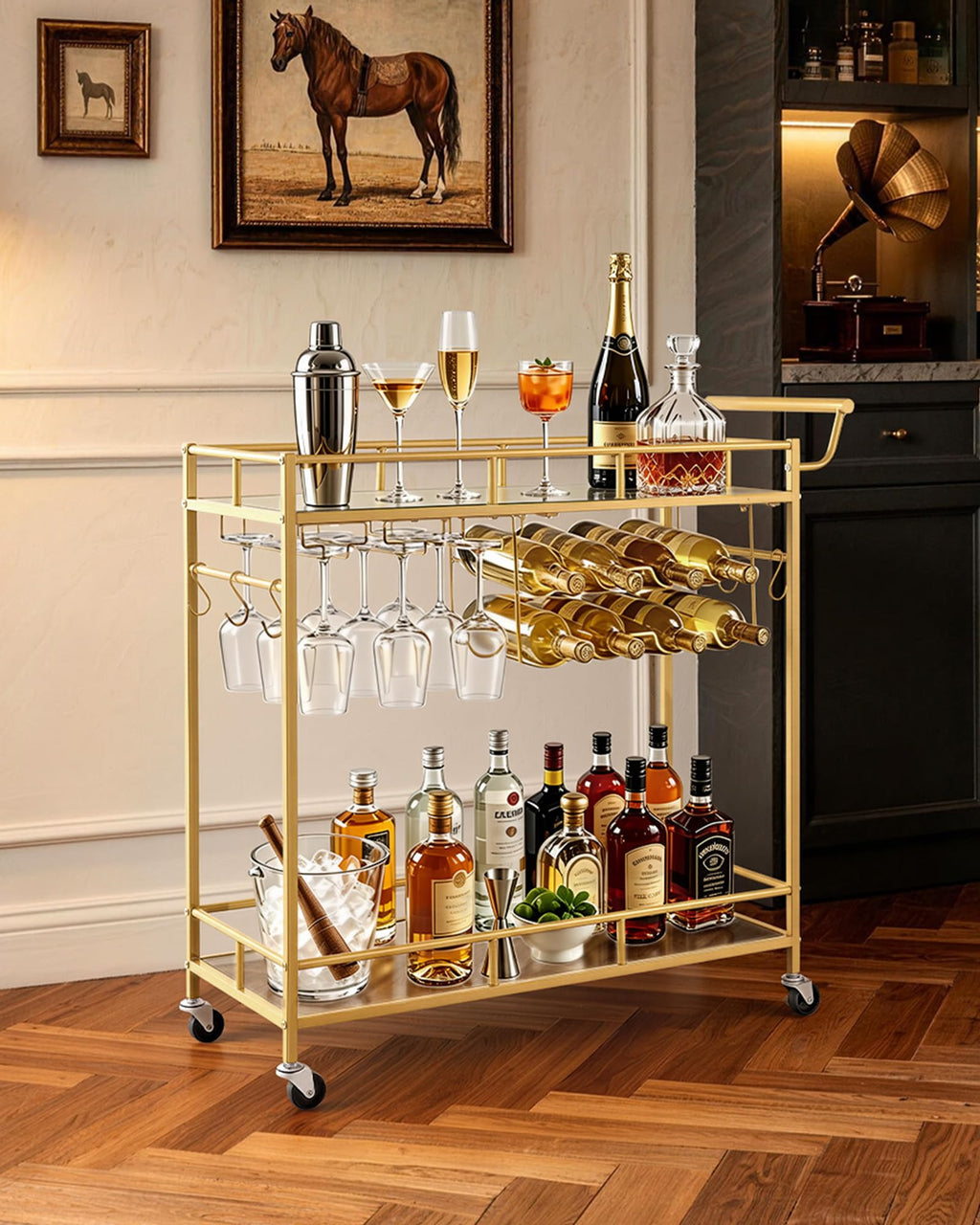 VEVOR Bar Cart, 3 Tiers Home Kitchen Serving Carts, Modern Rolling Utility Station on Wheels, Drink Beverage Trolley with Tempered Glass Shelves, Wine Rack, Glass Holder, for Living Dining Room, Gold