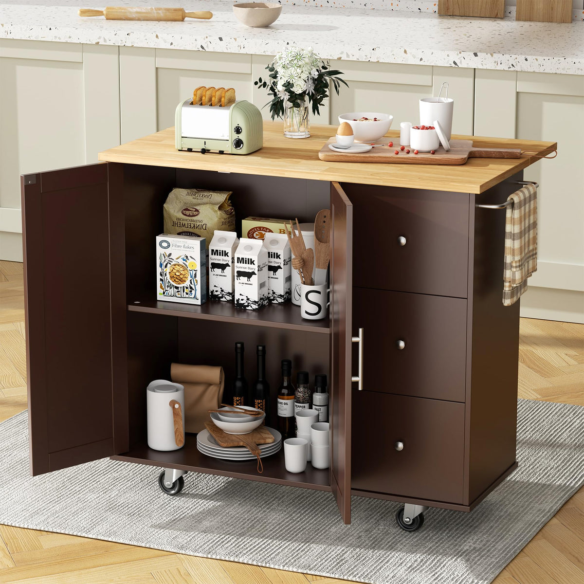 JY QAQA 40" Kitchen Island Cart Furniture cart on Wheels Rolling Portable Dining Room Serving Utility Carts Mobile Movable with Drawers Cabinet,Black