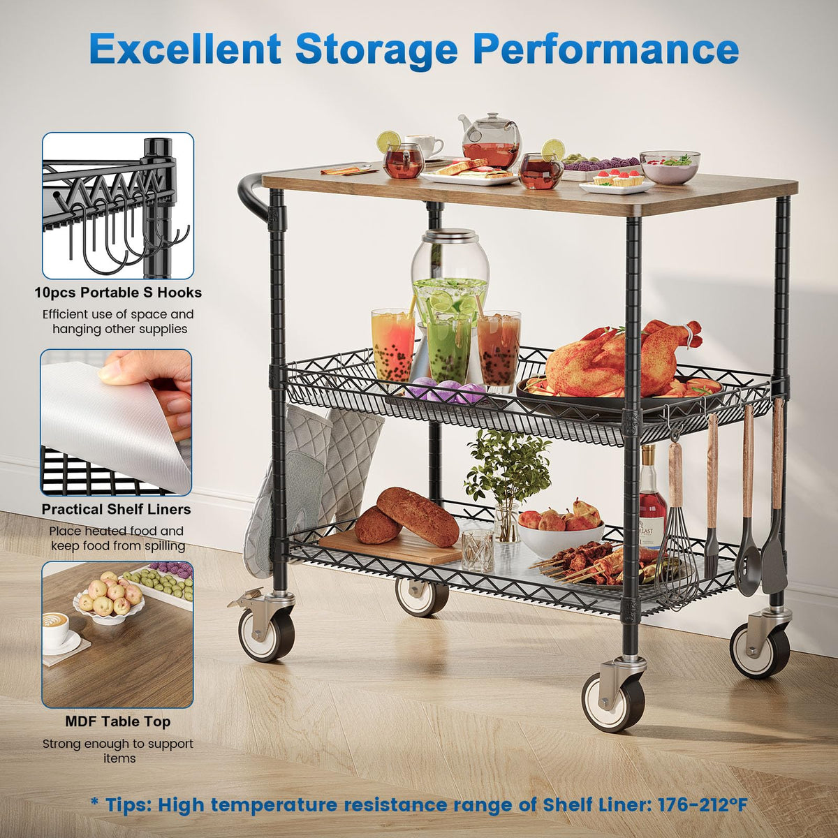 Leteuke 3 Tier Rolling Carts with Wheels, Heavy Duty Rolling Utility Cart