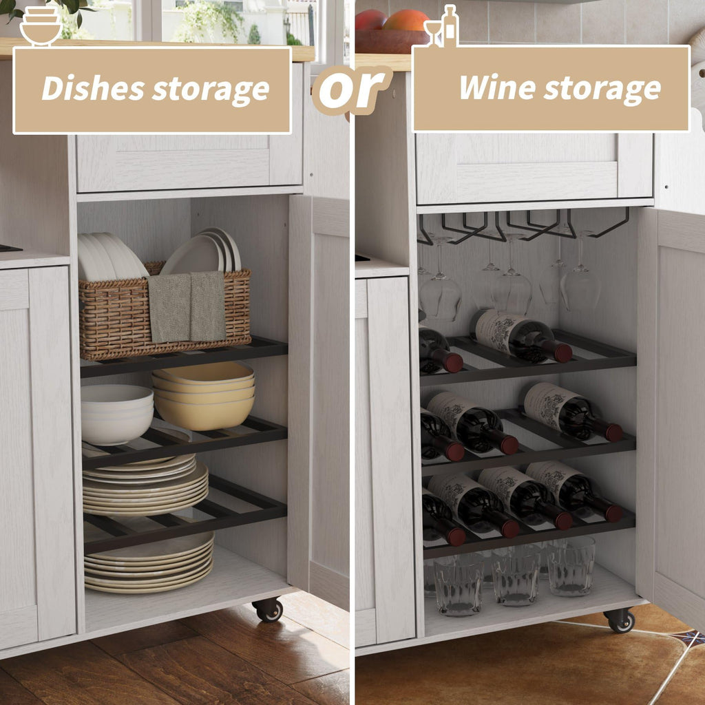 ASTRONAPE Rolling Kitchen Island Cart with Storage, Mobile Kitchen Island with Power Outlet, Large Wood Top, Drawers & Cabinets for Dining Room (White, Model 1)