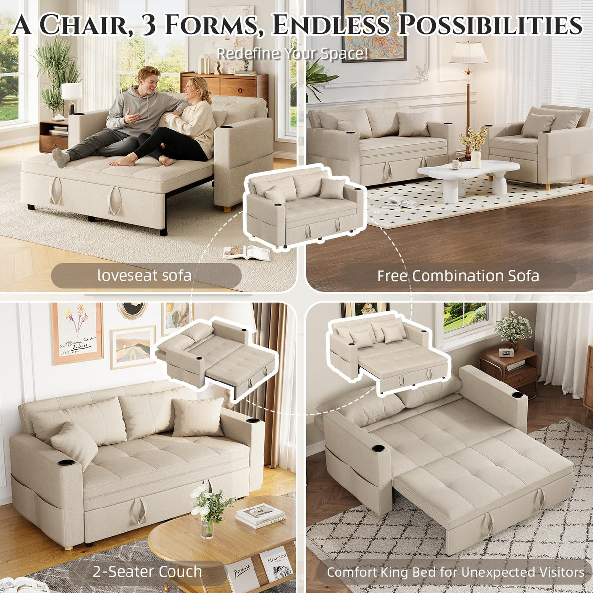 YODOLLA Sleeper Chair Pull Out Bed, Chair Bed Sleeper for Adults, Beige