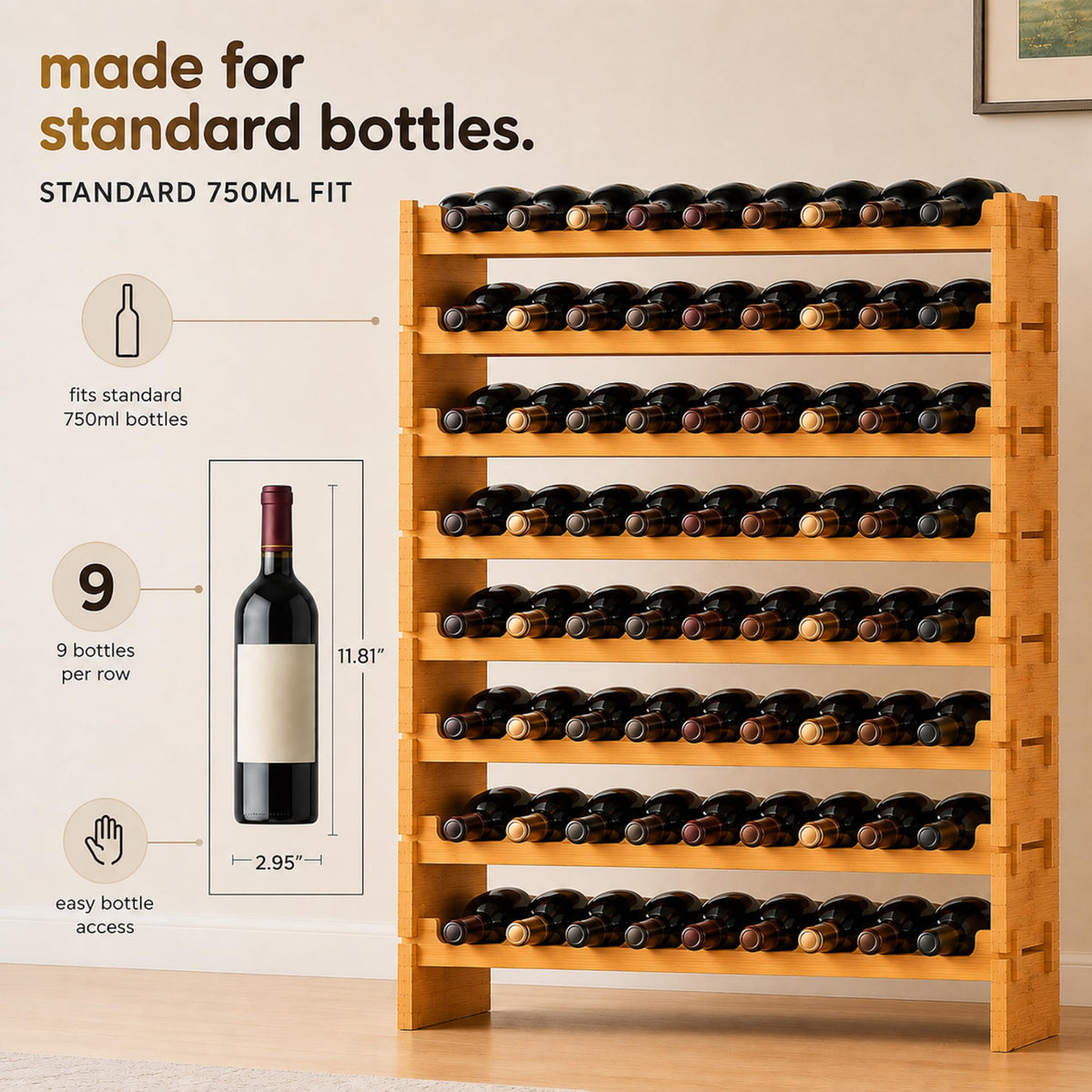 NutriChef 108 Bottle Stackable Modular Wine Rack, Upgraded 1â Thick Sideboard, .5â Rack Sticks, Sturdy Wobble Free Natural Bamboo Construction, Protective Moisture Resistant Finish, 33.5" x 10" x 63"