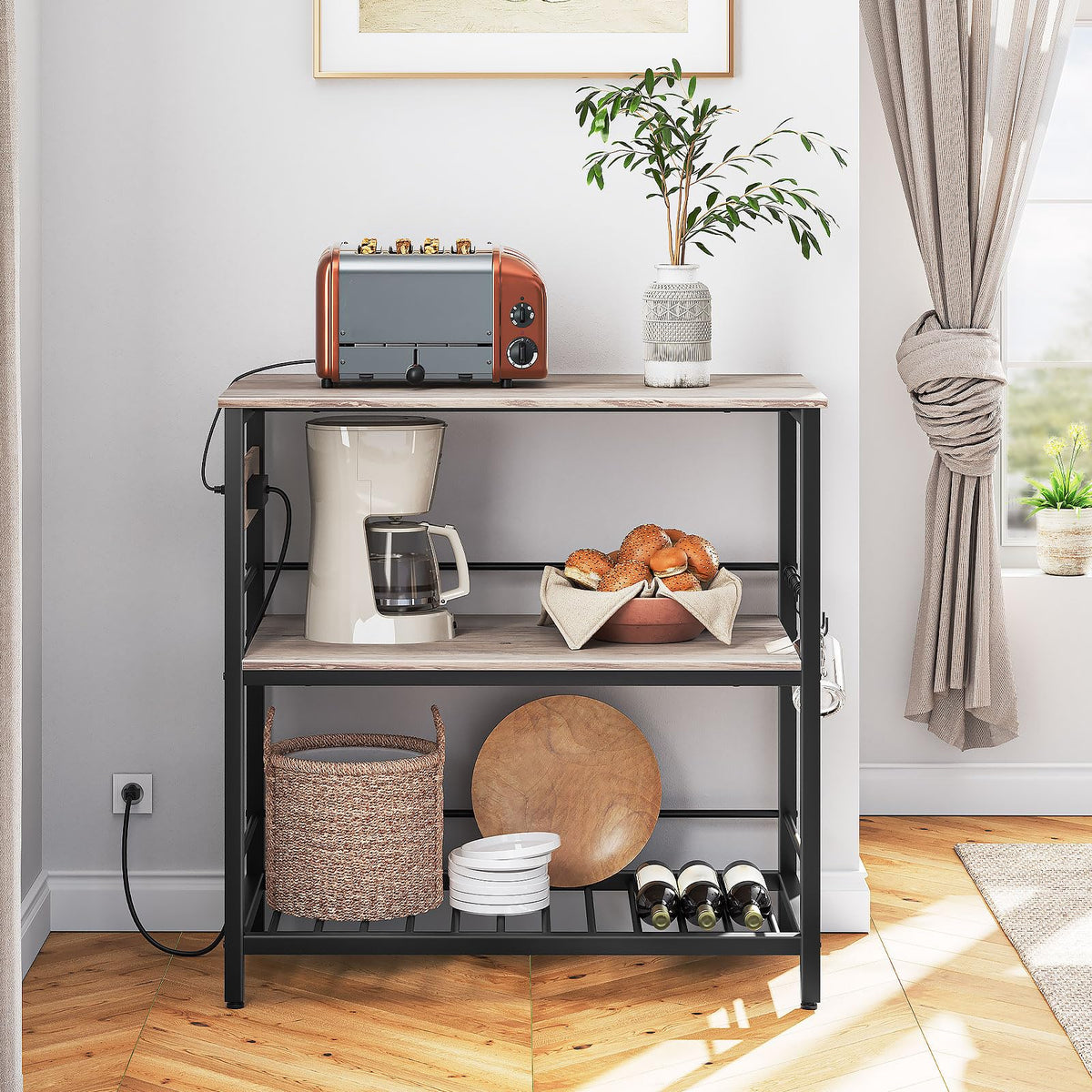 HOOBRO Kitchen Island with Storage, Kitchen Island Table with Power Outlet, 47.2" L 3 Tier Kitchen Counter and Microwave Stand, for Home, Kitchen and Dining Room, Rustic Brown and Black BF120UZD01