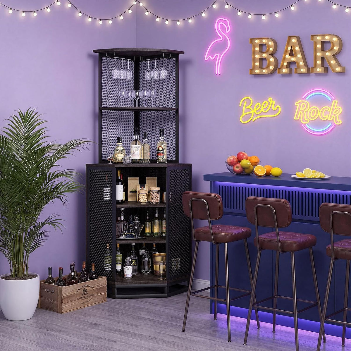 IBF 71 Inch Dark Grey Farmhouse Tall Corner Bar Cabinet with Glass Holder