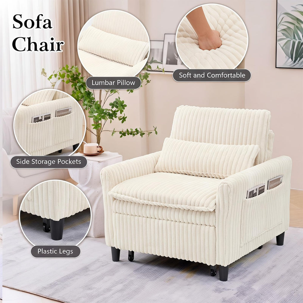 32" Convertible Sofa Chair Bed, 3âinâ1 Pullâout Sleeper Chair with Corduroy Fabric, Adjustable Backrest & Side Storage Pockets, SpaceâSaving Design for Living Room, Apartment, Bedroom (Yellow)
