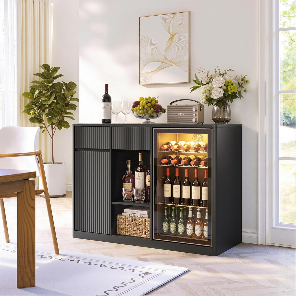 51" L Coffee Wine Bar Cabinet with Fridge Space, Charging Hub, Wine Rack