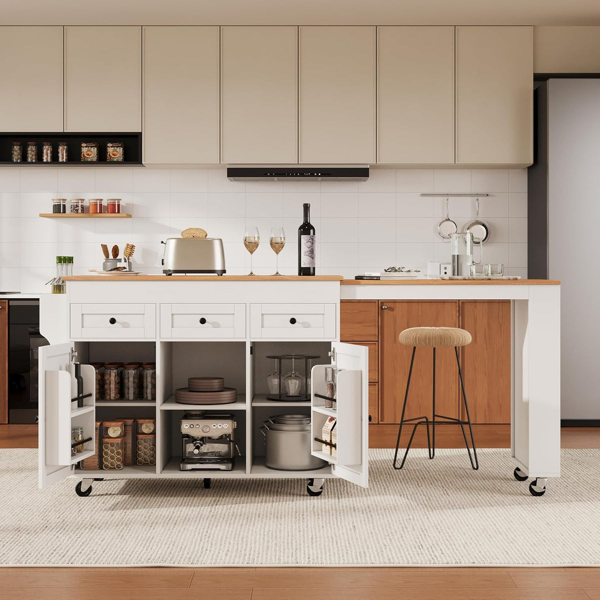Merax 85.5" Kitchen Island with Extendable Dining Table & Universal Wheels, Storage with 3 Drawers & Open Shelves & Power Outlet, Mobile Cart for Dining Room, Small Space, Apartment, White