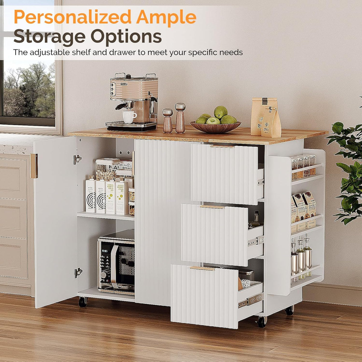 VINGLI Fluted Kitchen Island Cart with Drop-Leaf, 3 Drawers, White