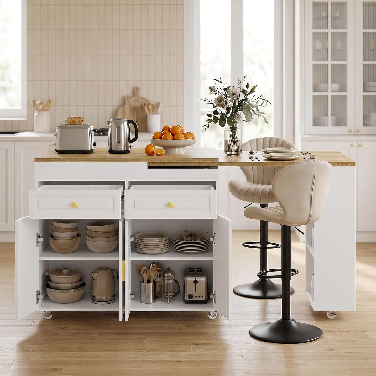 3-in-1 Extendable Kitchen Island with Extendable and Swivel Dining Table