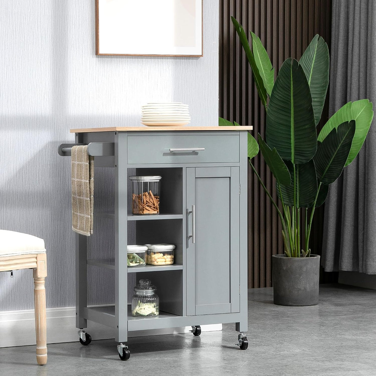 HOMCOM Kitchen Island Cart, Rolling Kitchen Island, Wood Top, Gray