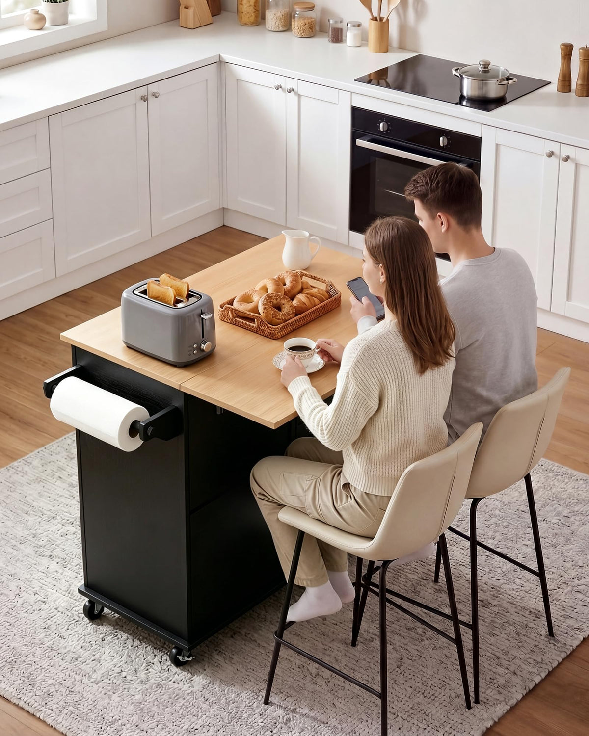 VEVOR Kitchen Island Cart with Storage, 43.58 in Wide Mobile Rolling Storage Island on Swivel Wheels, with 2 Drawers, Storage Cabinet, Drop Leaf, Spice/Towel Rack, Table for Home Dining Room, White