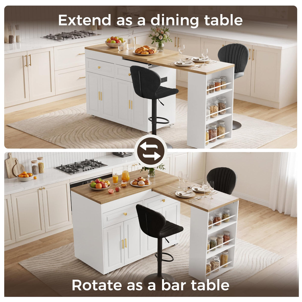 3-in-1 Extendable Kitchen Island with Extendable and Swivel Dining Table