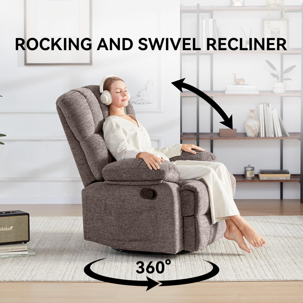 WILLOVE 41" Oversized Rocker Recliner Chair, Rocking Recliners Overstuffed Soft Big Man Manual Recliner, Extra Large Chenille Living Room Chair 350 LBS Capacity, Grey, L