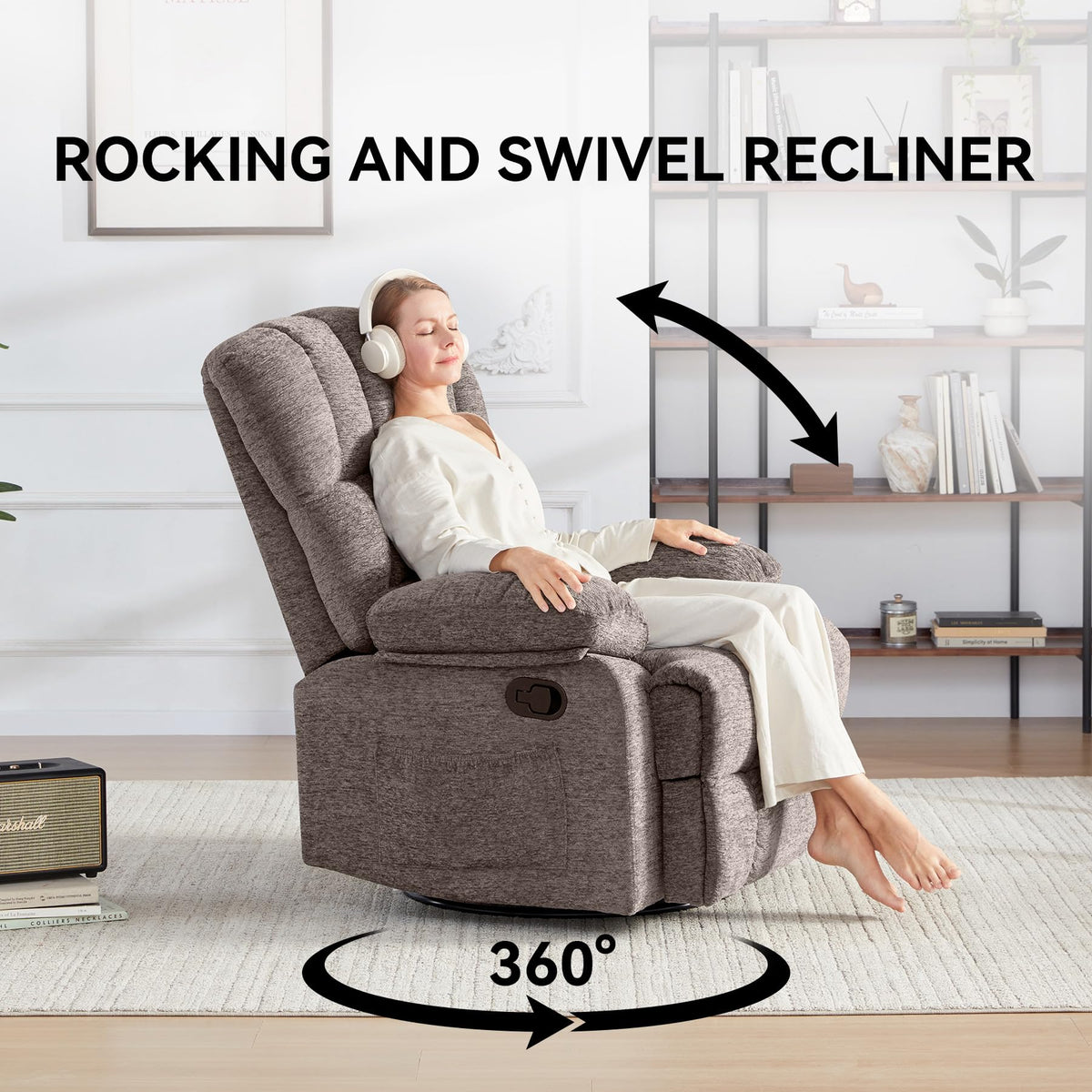 WILLOVE 41" Oversized Rocker Recliner Chair, Rocking Recliners Overstuffed Soft Big Man Manual Recliner, Extra Large Chenille Living Room Chair 350 LBS Capacity, Grey, L