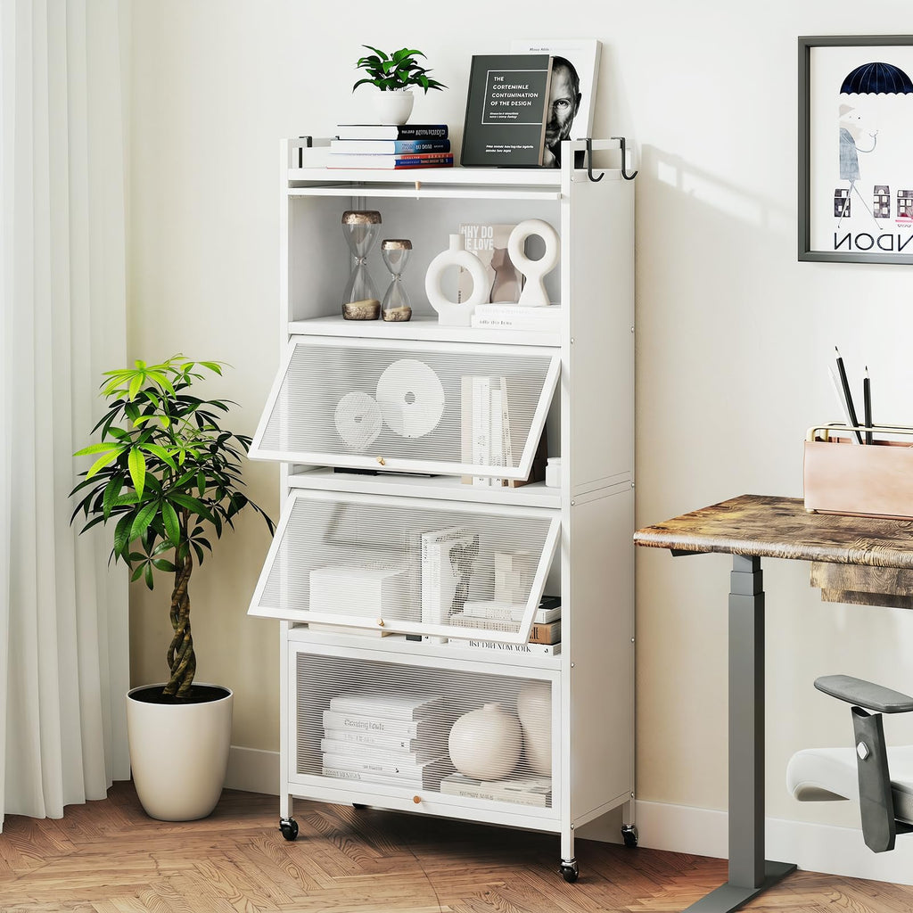 GIANTEX 5-Tier Kitchen Storage Cabinet, 4 PC Doors, Rolling Wheels, White