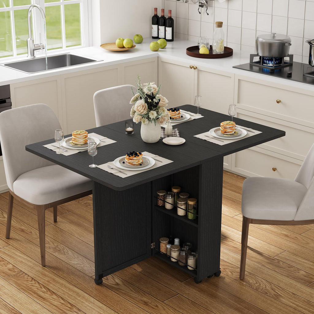 Garvee Folding Dining Table with Storage, Folding Kitchen Table with 6 Wheels, Drawer & Shelves, Compact Dining Table for Small Spaces