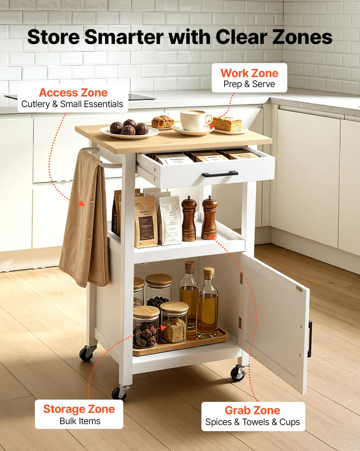 VEVOR Kitchen Island Cart with Storage, 47.64 in Wide Mobile Rolling Storage Island on Swivel Wheels, with 2 Drawers, Storage Cabinet, Drop Leaf, Towel Rack, Table for Home Dining Room, White