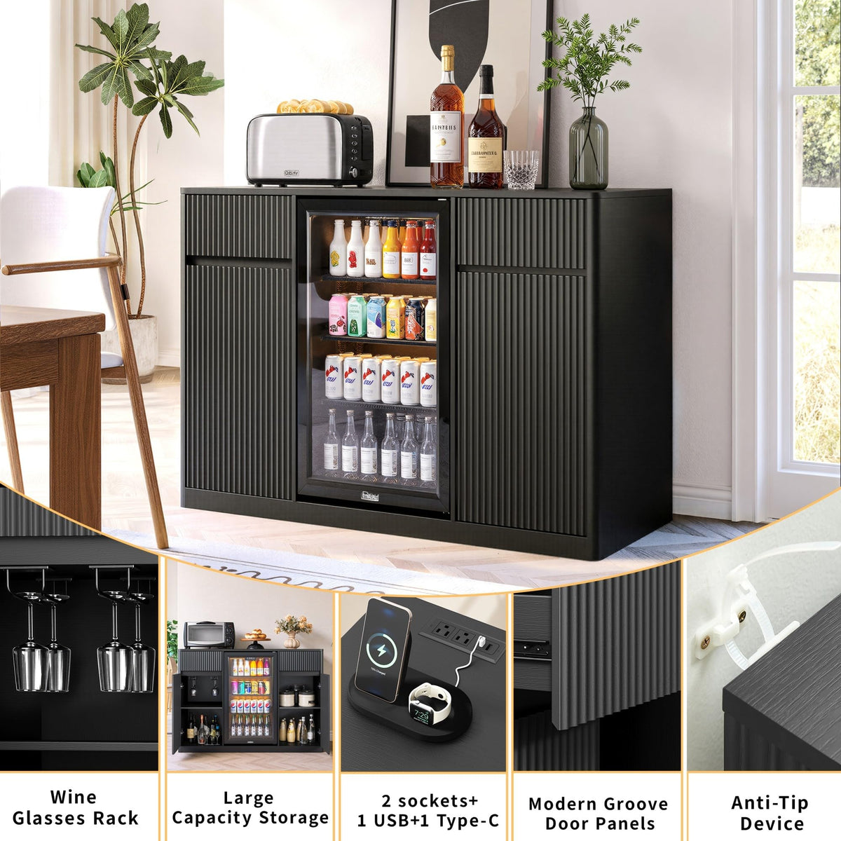 51" L Coffee Wine Bar Cabinet with Fridge Space, Charging Hub, Wine Rack