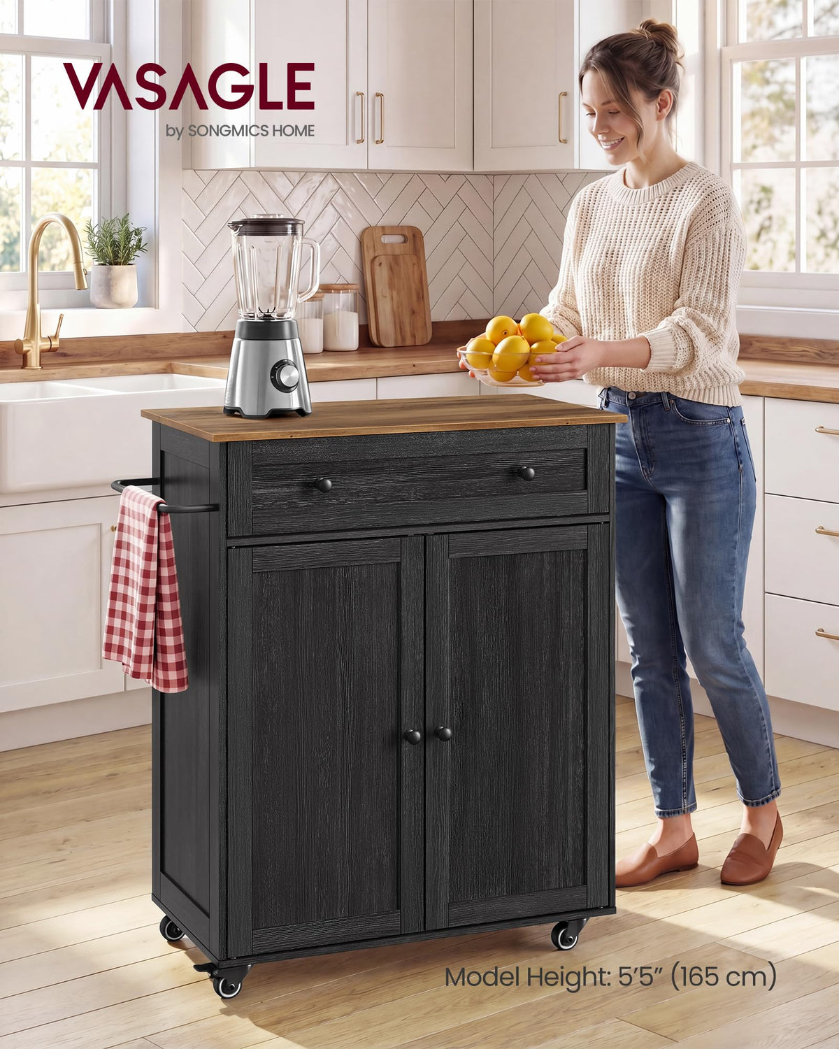 VASAGLE Mobile Kitchen Wooden Island Cart with Storage for Dining Room