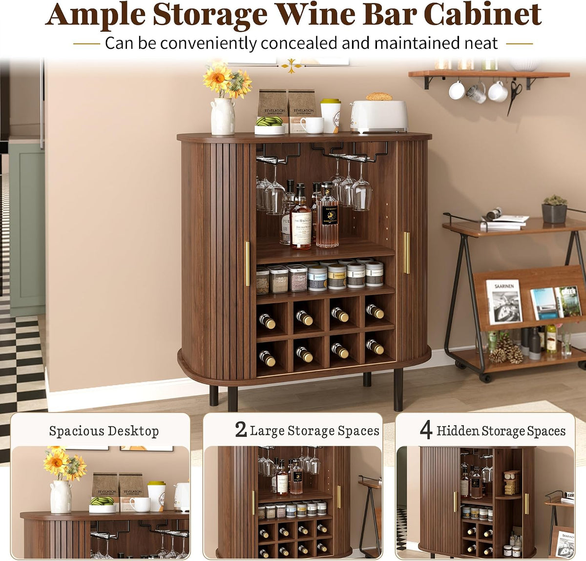 28" Fluted Wine Bar Cabinet with Storage, Modern Liquor Cabinets, Walnut