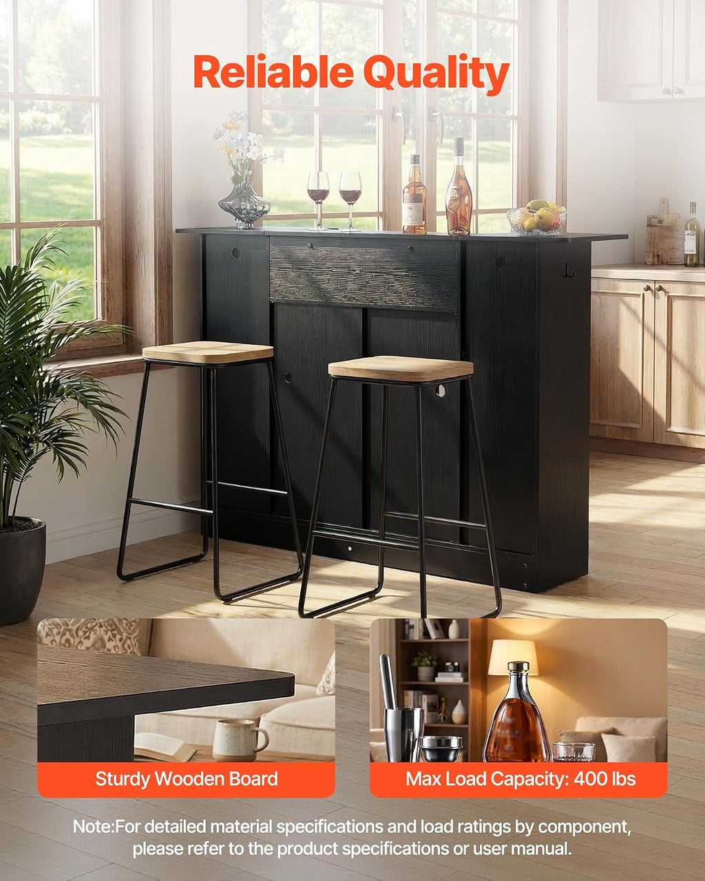 VEVOR Home Bar Unit, Wine Bar Cabinet Table 4-Tier with Storage Drawer Shelves, Wine Glass Holder, Bottle Rack, LED Light, Wood & Metal Liquor Cabinet for Home, Basement, Kitchen, Living Room, Black