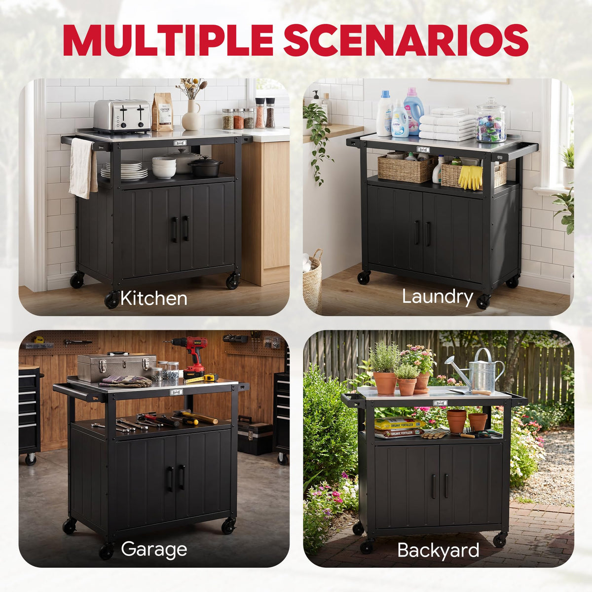 Feasto Outdoor Grill Cart w/Storage Cabinet, Stainless Steel Top, Brown