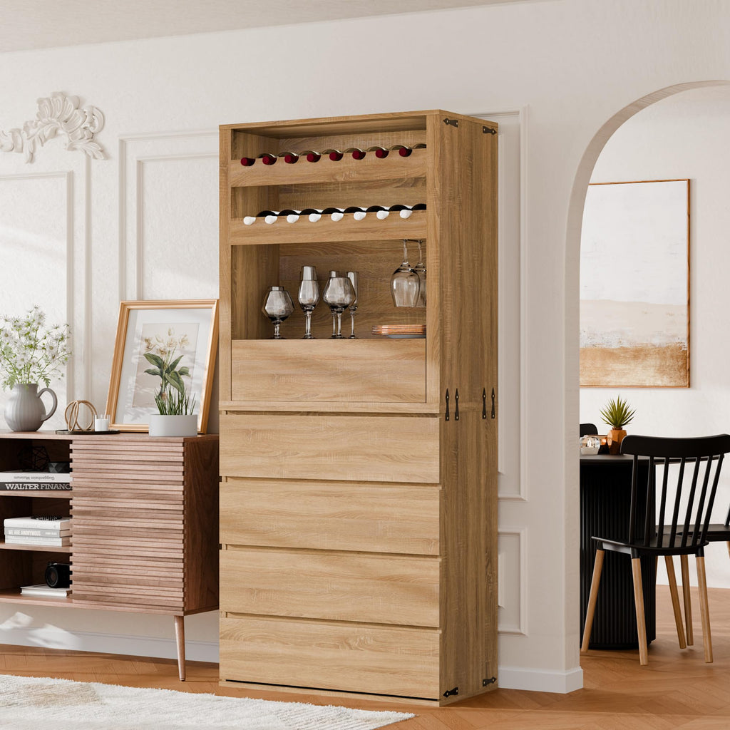 Liquor Cabinet with Wine Rack & Stemmed Holder & Drawer, Walnut