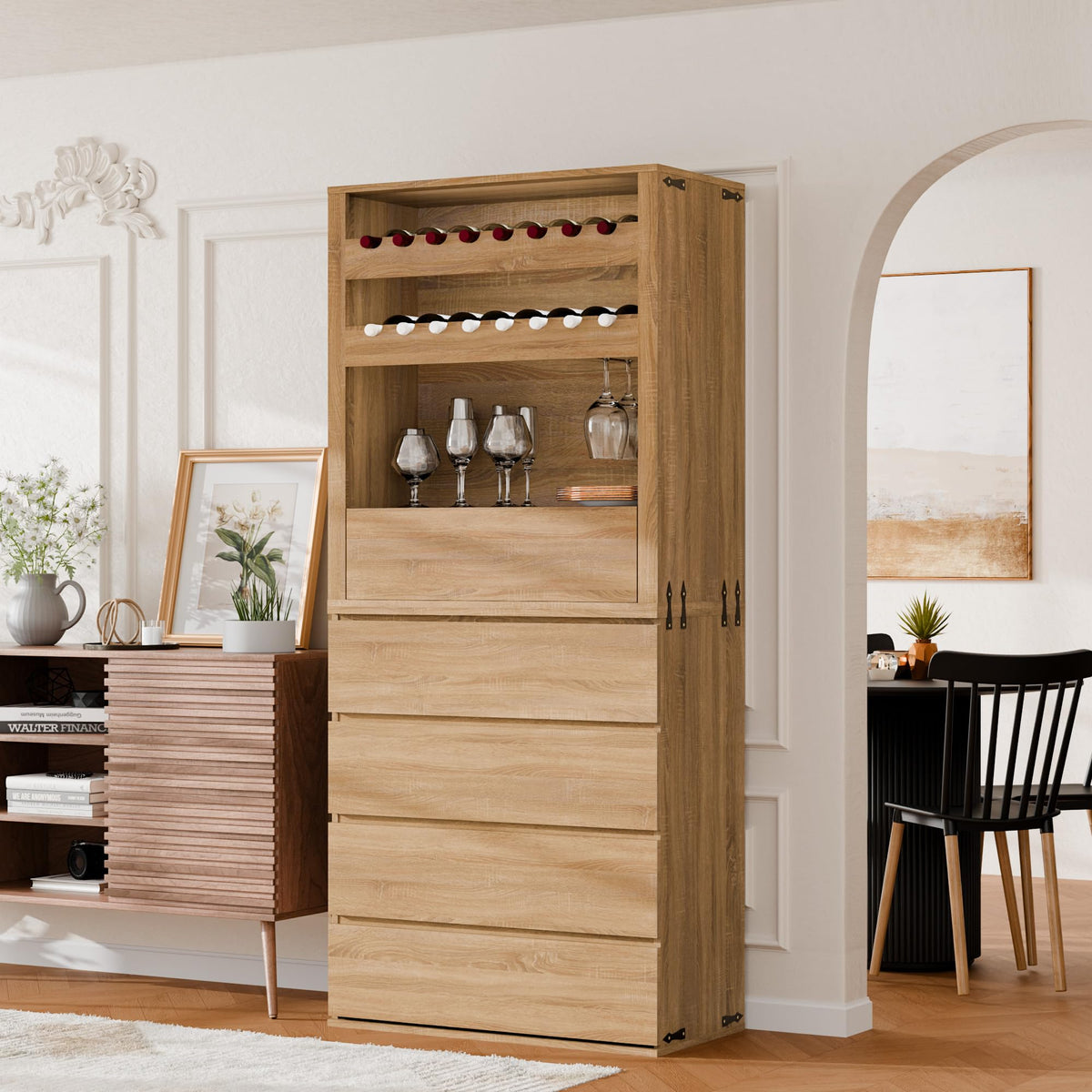 Liquor Cabinet with Wine Rack & Stemmed Holder & Drawer, Walnut