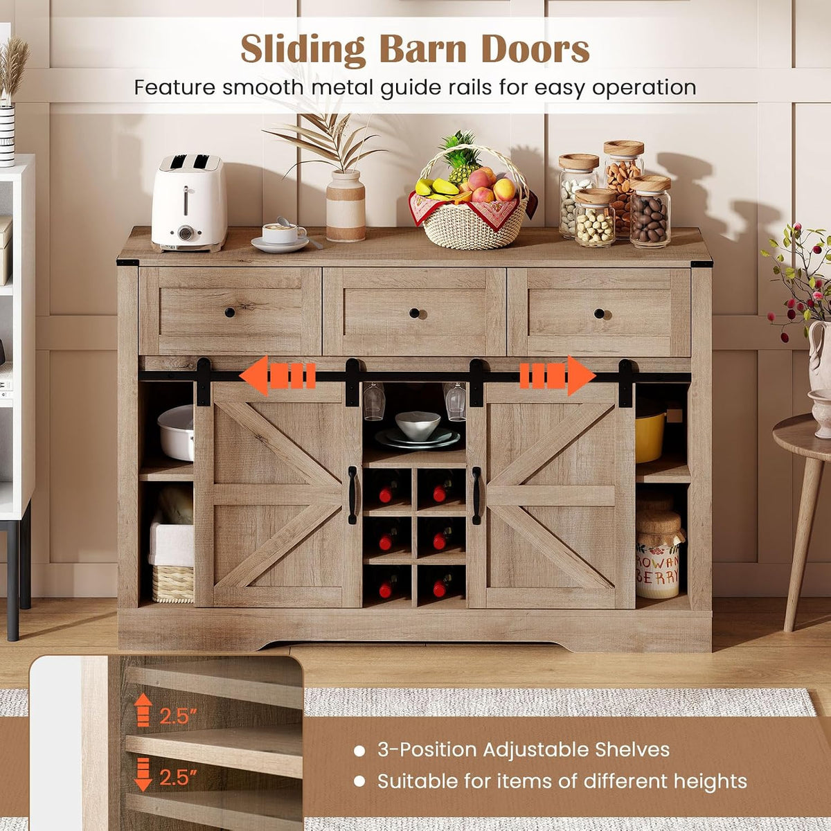 GIANTEX Wine Bar Cabinet with LED Lights, 52" Buffet Sideboard w/Sliding Barn Door, 3 Drawer, Adjustable Shelf, 12 Bottle Wine Rack & Glass Holder, Farmhouse Coffee Station for Living Room