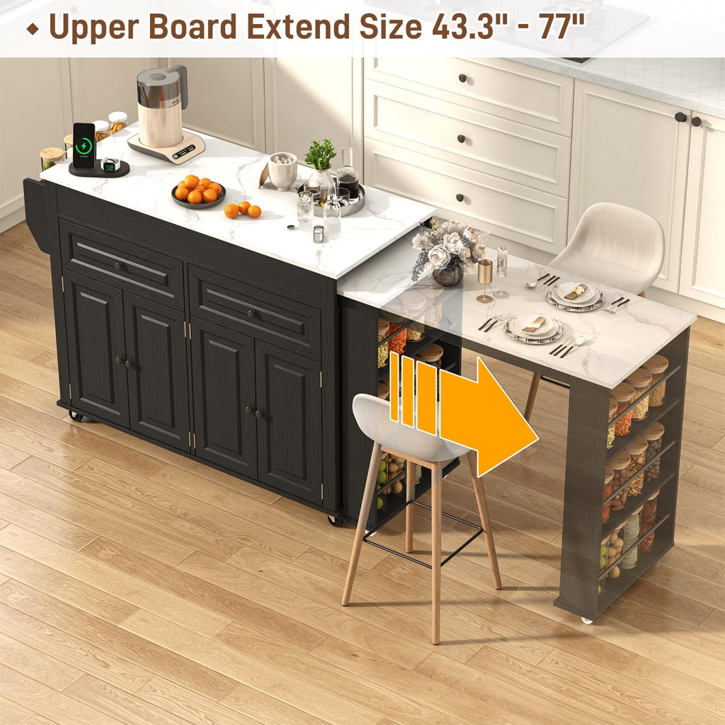 80"-48" Extendable Kitchen Island with Extended Dining Table and Power Outlet,Large Mobile Kitchen Storage Islands with 2 Storage Drawers,Rolling Islands Cart with 3 Extra Rows Open Shelves(Brown)