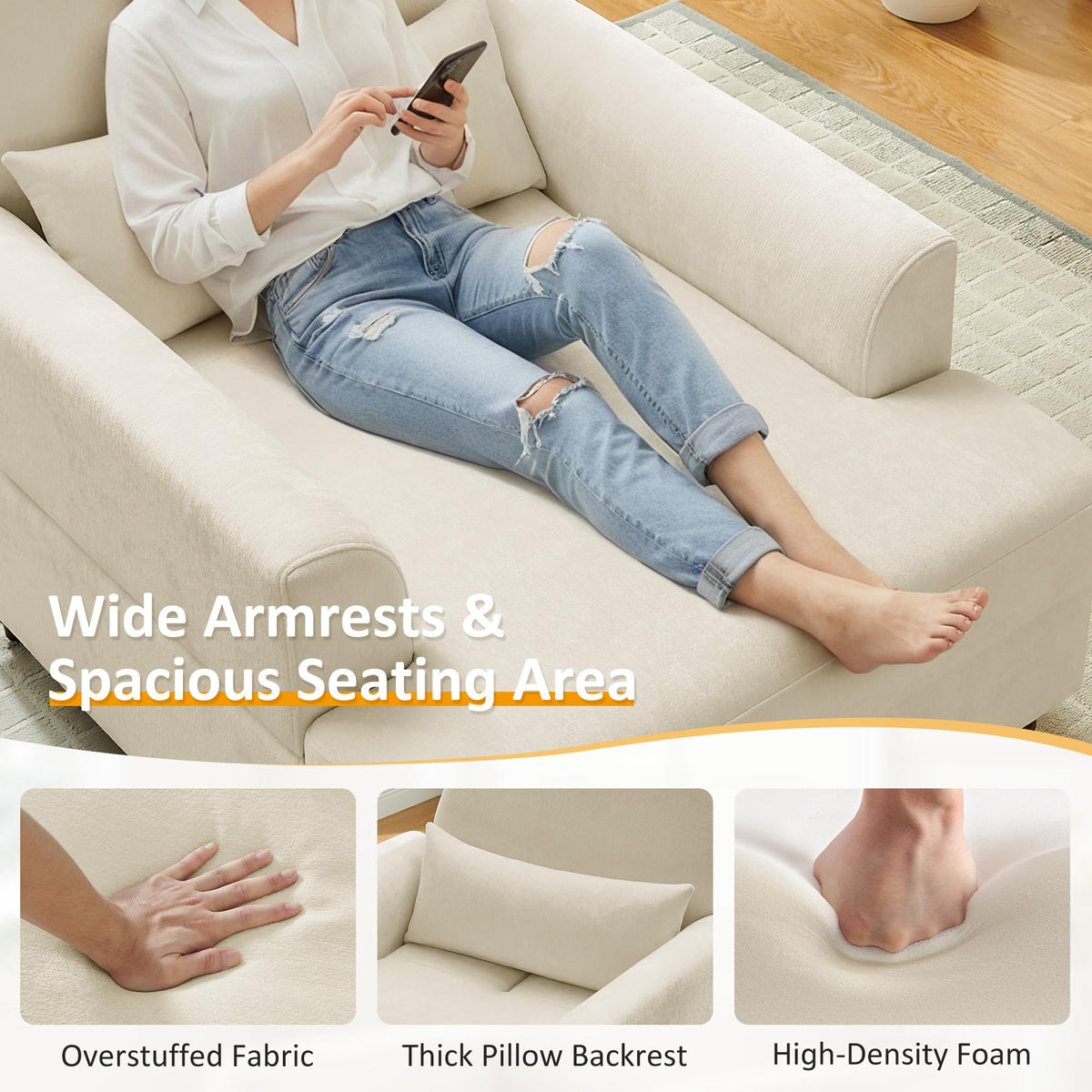 Oversized Chaise Lounge Chair with Adjustable Backrest, Polyester White
