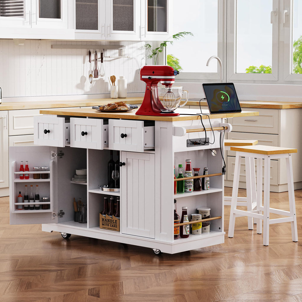 53" Large Kitchen Island with Drop Leaf & Power Outlet, Rolling Kitchen Cart on 5 Wheels with Internal Door Storage Rack, 5 Open Side Racks, 3 Drawers, 2 Doors for Kitchen Dining Room