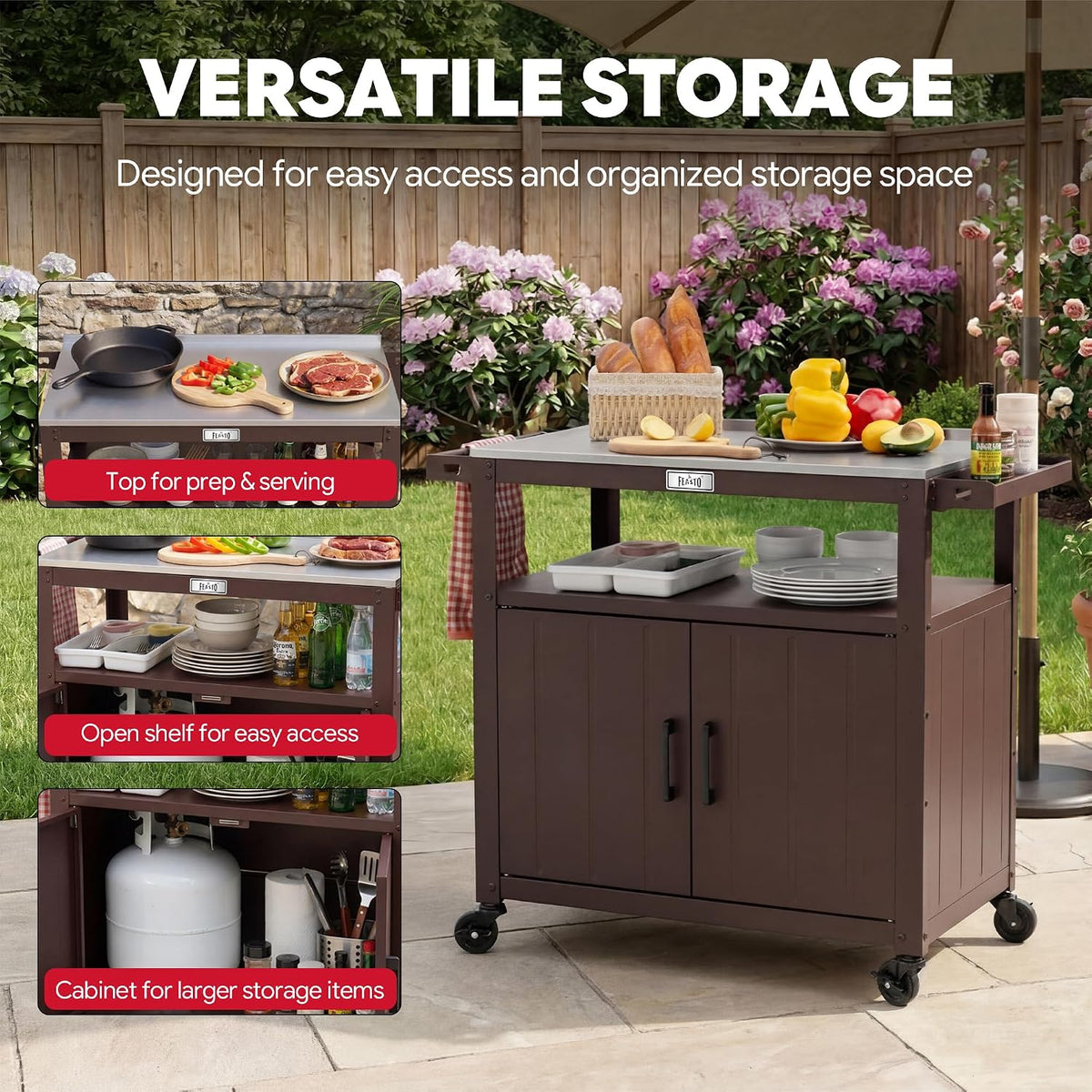 Feasto Outdoor Grill Cart w/Storage Cabinet, Stainless Steel Top, Brown