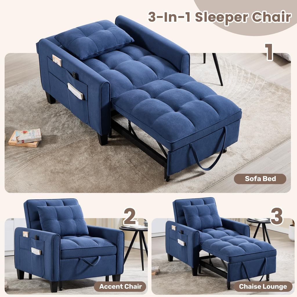 Convertible Sleeper Chair, 3 in 1 Sleeper Chair Bed Pull Out Sofa Bed Chairs, Single Sofa with Adjustable Backrest for Adults Reading Living Room, Bedroom, Black