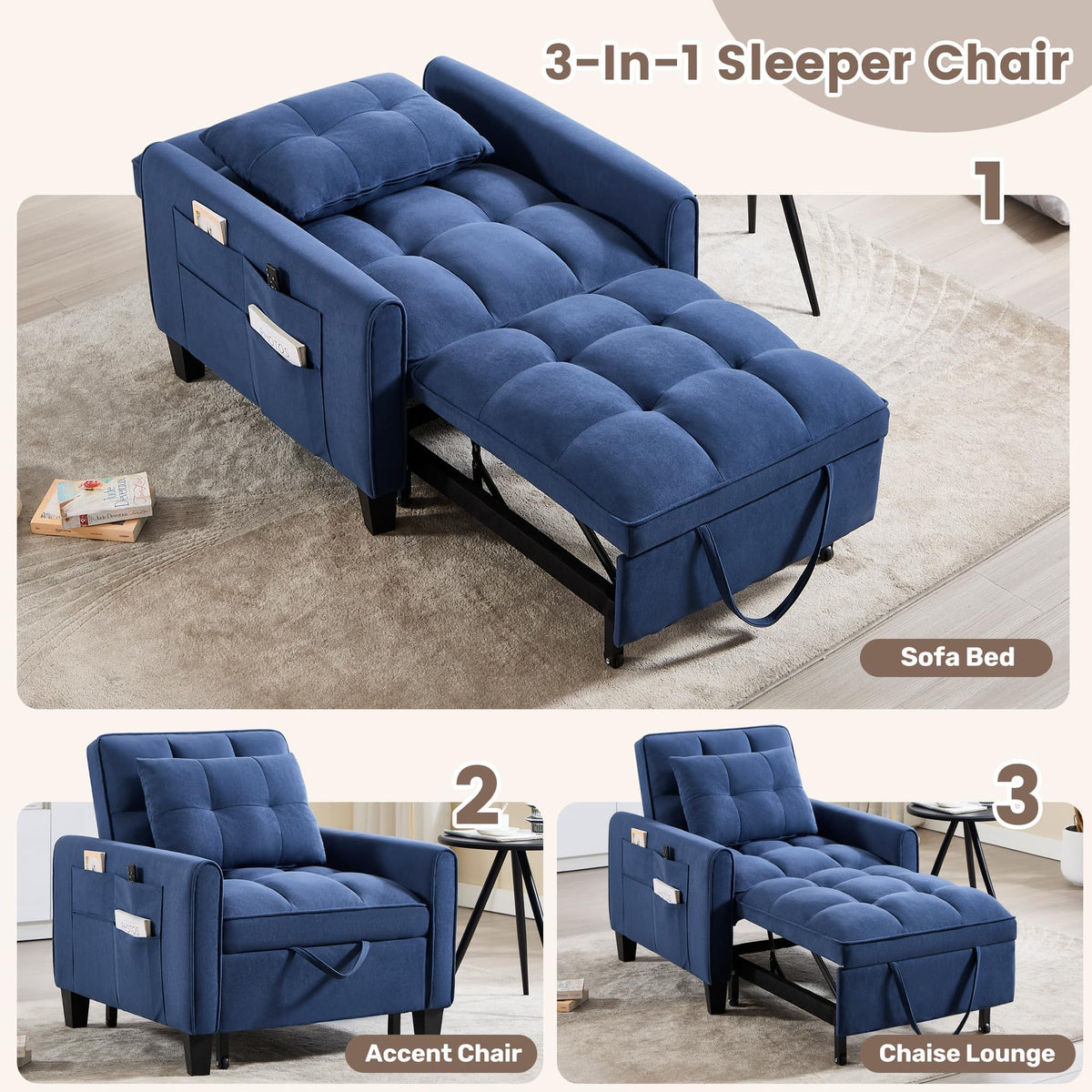 Convertible Sleeper Chair, 3 in 1 Sleeper Chair Bed Pull Out Sofa Bed Chairs, Single Sofa with Adjustable Backrest for Adults Reading Living Room, Bedroom, Black