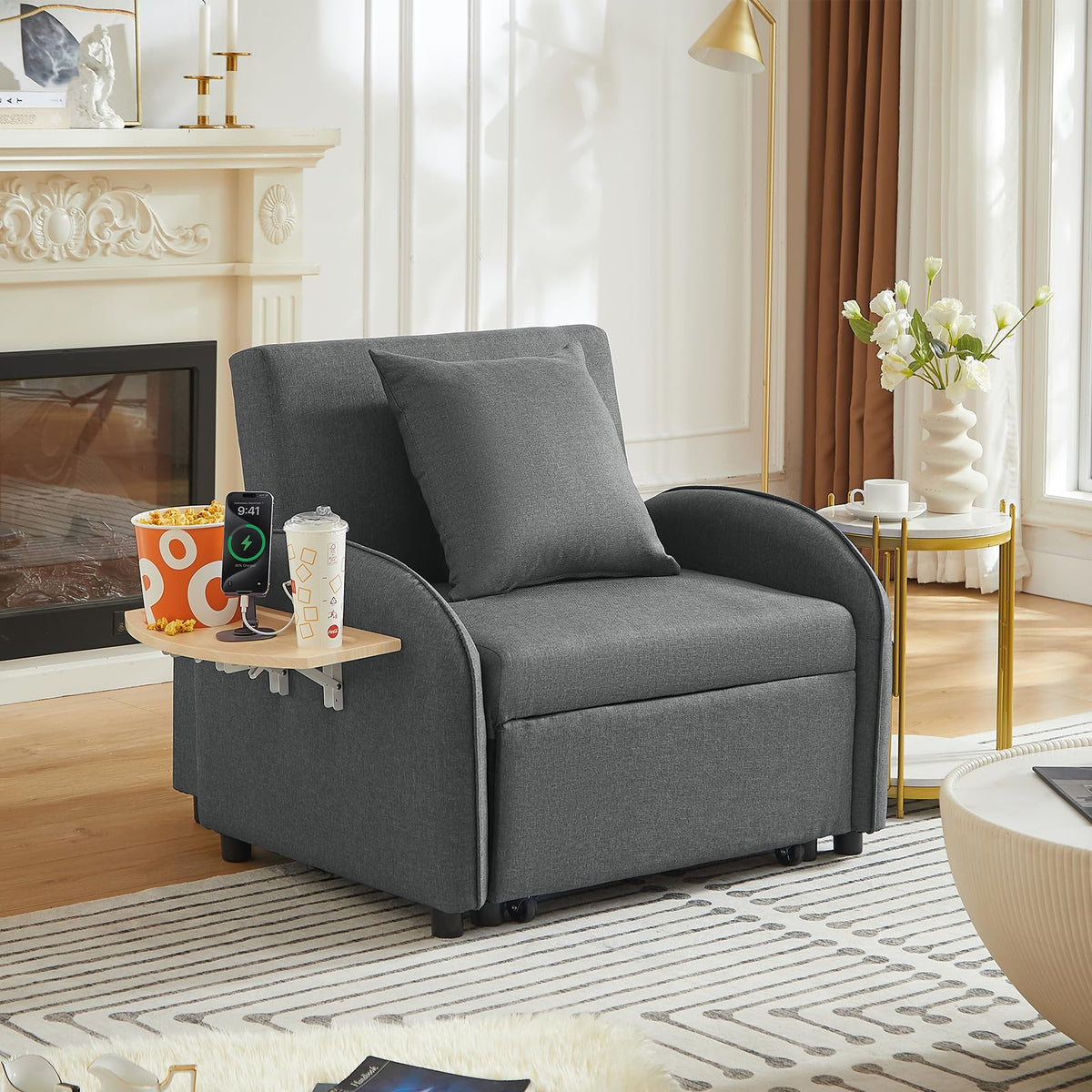 Convertible Single Sleeper Chair Bed,3 in 1 Velvet Futon Sleeper Sofa Bed with Phone Holder&USB Ports,Pull Out Couch Bed,Adjustable Recliner Armchair bed for Living Room,Office,Small Places(Grey)