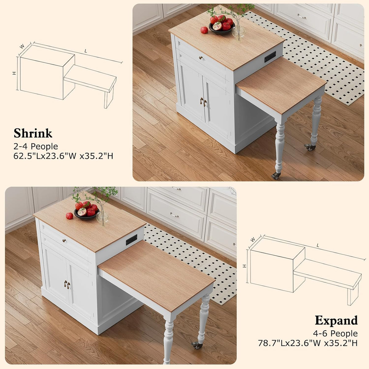 HLR 72" Kitchen Island with Extendable Table for 2-4, Island Table for Kitchen with Power Outlet and Storage Slide Out Legs, Rolling Islands Cart with 2 Doors (White)
