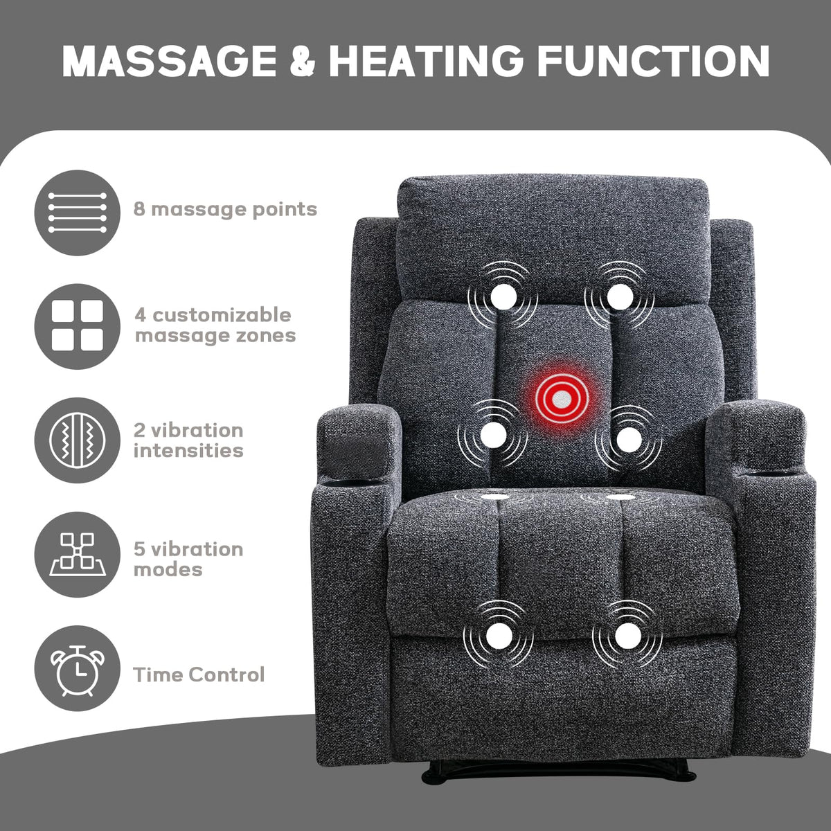 CANMOV Manual Recliner Chair with Massage and Heat, Soft Fabric Recliner Chair with Overstuffed Arm and Back, Manual Reclining Single Sofa with 2 Cup Holders, Side Pocket for Living Room, Dark Grey