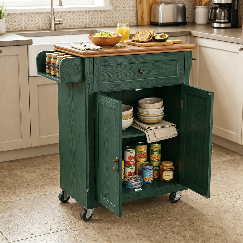 HLR 26'' Small Kitchen Island, Vintage Wood Kitchen Cart on Wheels, Blue