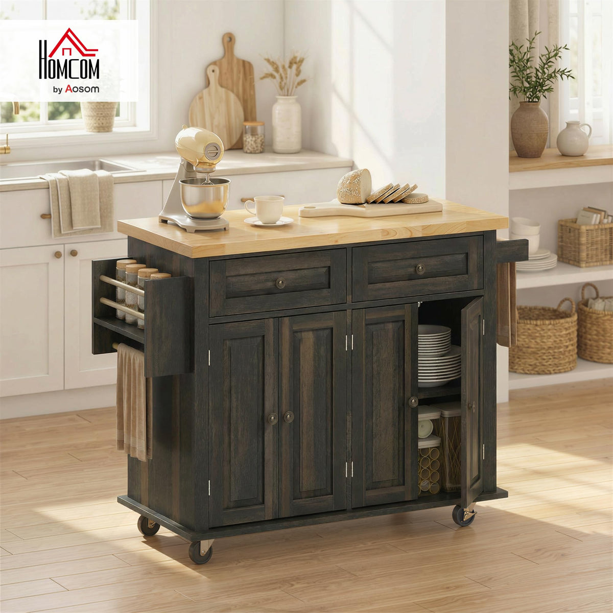 HOMCOM Kitchen Island Cart on Wheels with Solid Wood Top, 44" Cream White