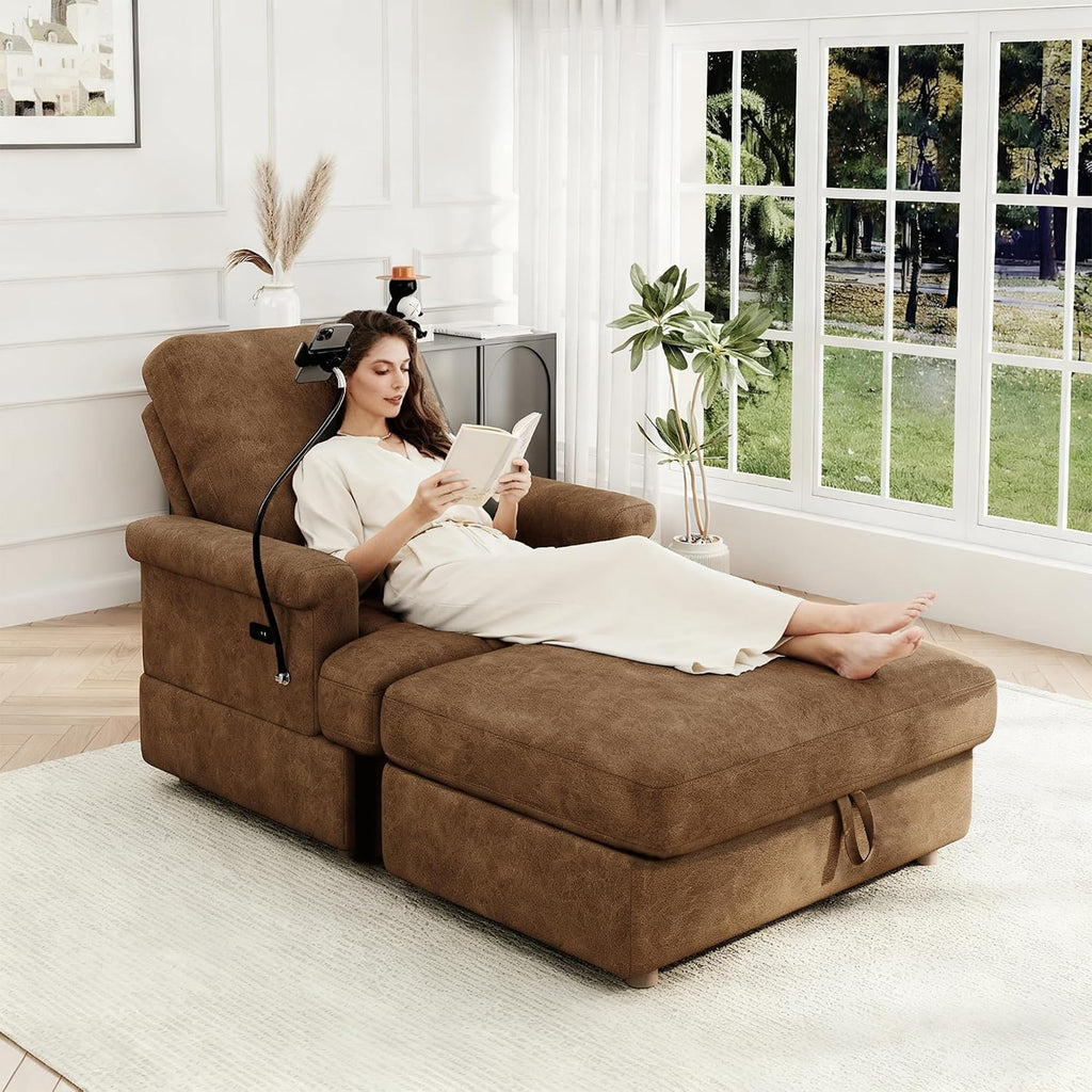 EJUNQ 66.5" Oversized Chaise Lounge Chair Indoorï¼Cozy Sofa Bed with Phone Holder and USB Chargerï¼Upholstered Deep Seat Sleeper Sofa Bedï¼Comfy Single Sofa Armchair for Living Room, Grey