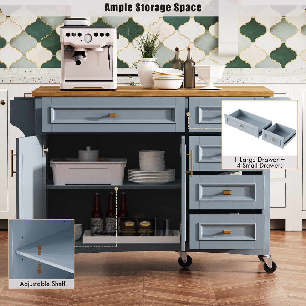 Large Kitchen Island with Rubber Wood Drop Leaf and Silver Handle