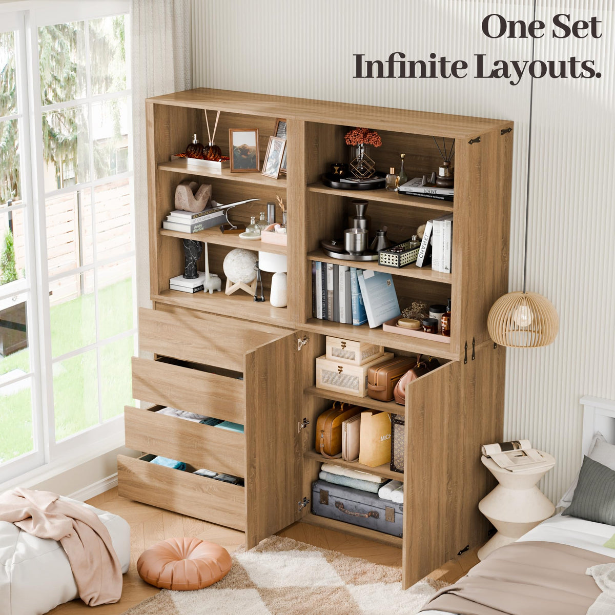 Liquor Cabinet with Wine Rack & Stemmed Holder & Drawer, Walnut