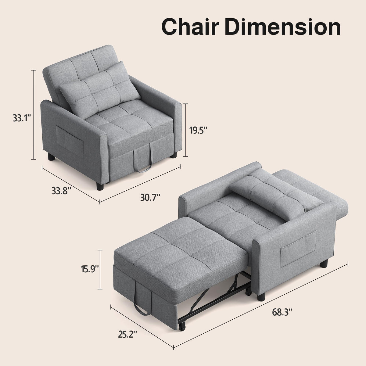 Ahomly Convertible Sofa Chair Bed, 3-in-1 Linen Pull Out Chair, Dark Gray