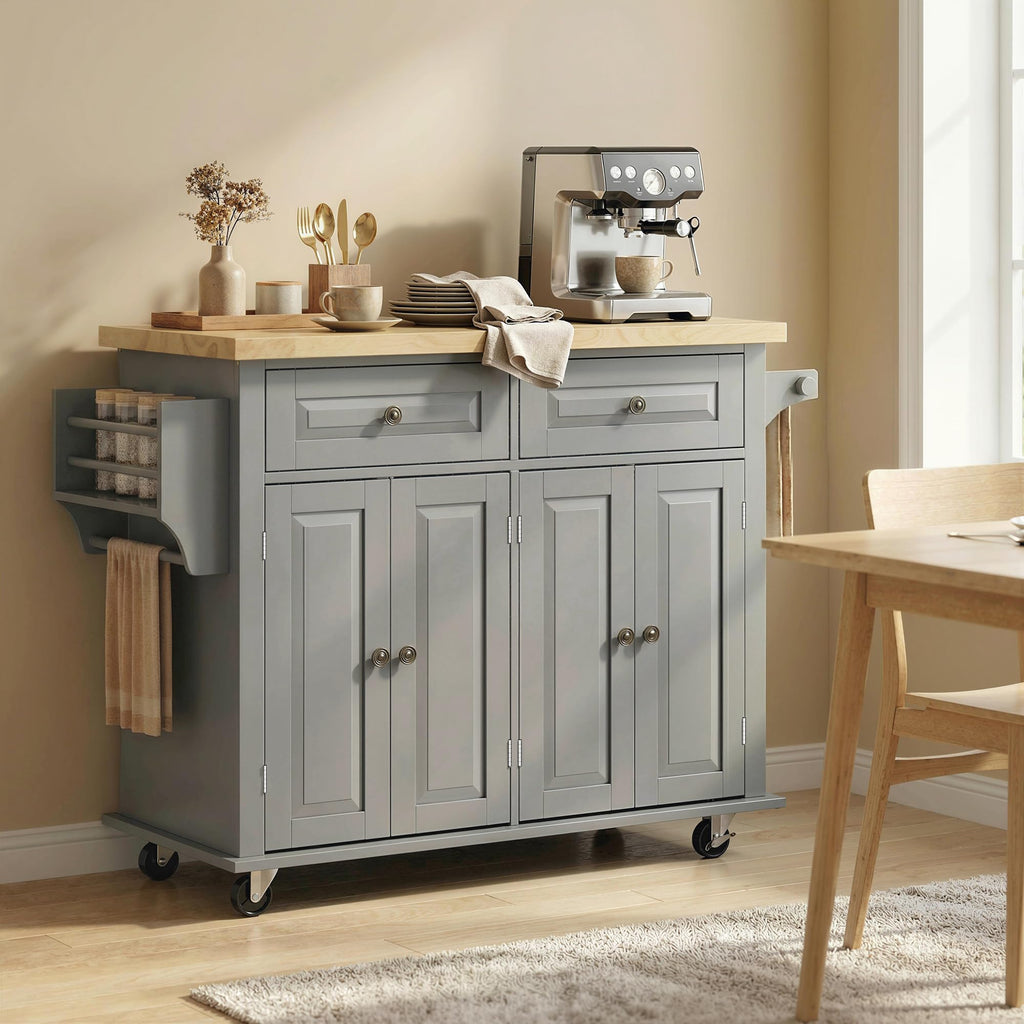 HOMCOM Kitchen Island Cart on Wheels with Solid Wood Top, 44" Cream White