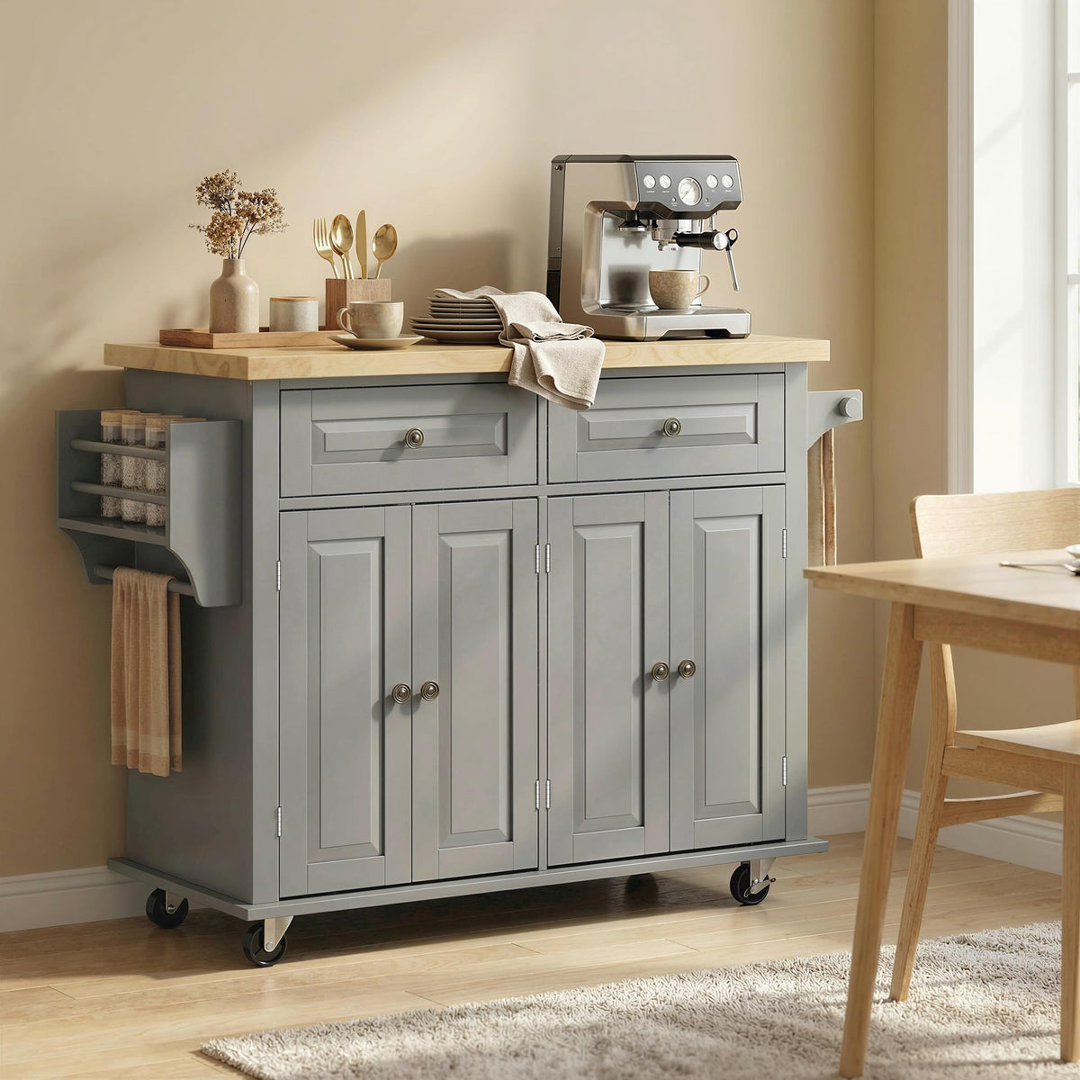 HOMCOM Kitchen Island Cart on Wheels with Solid Wood Top, 44" Cream White