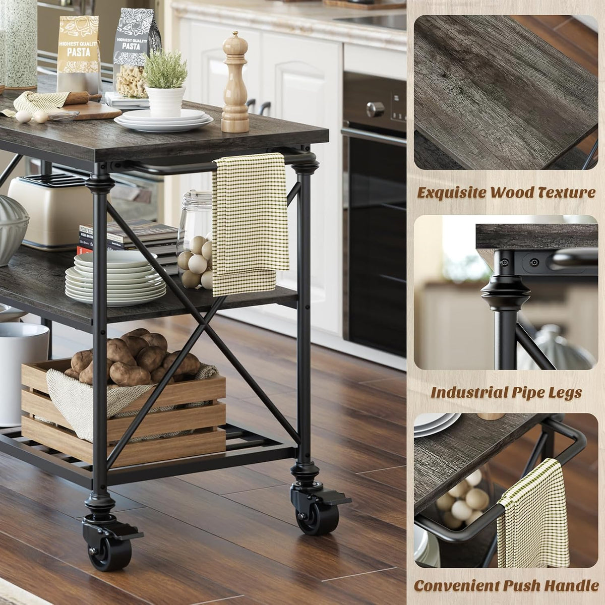 Homieasy Kitchen Island Cart with Wheels, 3-Tier Wood and Metal Rolling Kitchen Island Table with Pipe Legs, Storage Shelves & Lockable Casters for Kitchen Dining Room, Black Oak